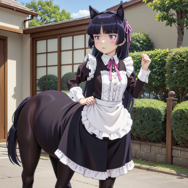 ((centaur)), (ruri gokou), woman, alone, Hime cut, Long Hair, Maid clothes, Cat ear, stockings, Black Tail, apronスカート, Long skirt, stockings, apron, Frills, ribbon, collar, cuffs, hoof, palace、garden、blue sky、Neat and clean appearance