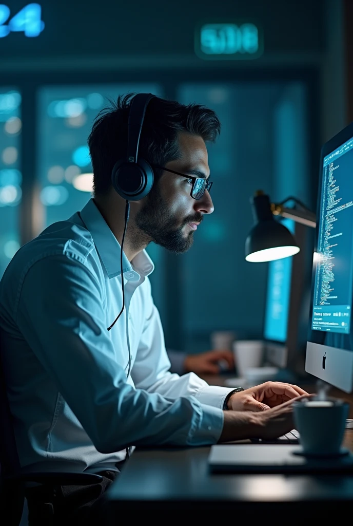 A computer scintist who sits in front of his PC wears a white shirt and a black pants with his Heardphone on his ear and his coffre cup