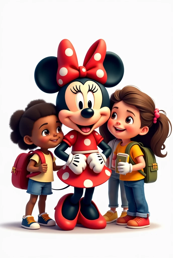 draw for me MINNIE disney with children feeling included among them books backpacks disney pixar style with white background full image without cutting any character
