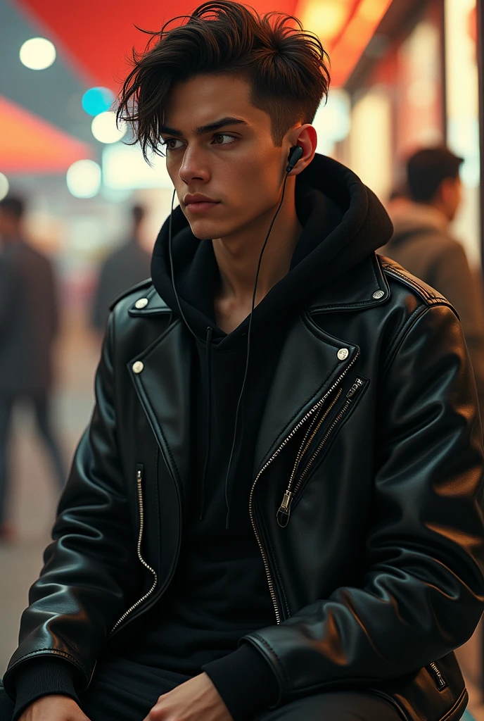 (photorealism:1.2), (cyberpunk). A handsome young boy sitting in public area, face down, earphones, wearing black hoody thight leather jackets, relaxed pose, realistic, intricate details, warm colors, by Greg Rutkowski, by Alphonse Mucha