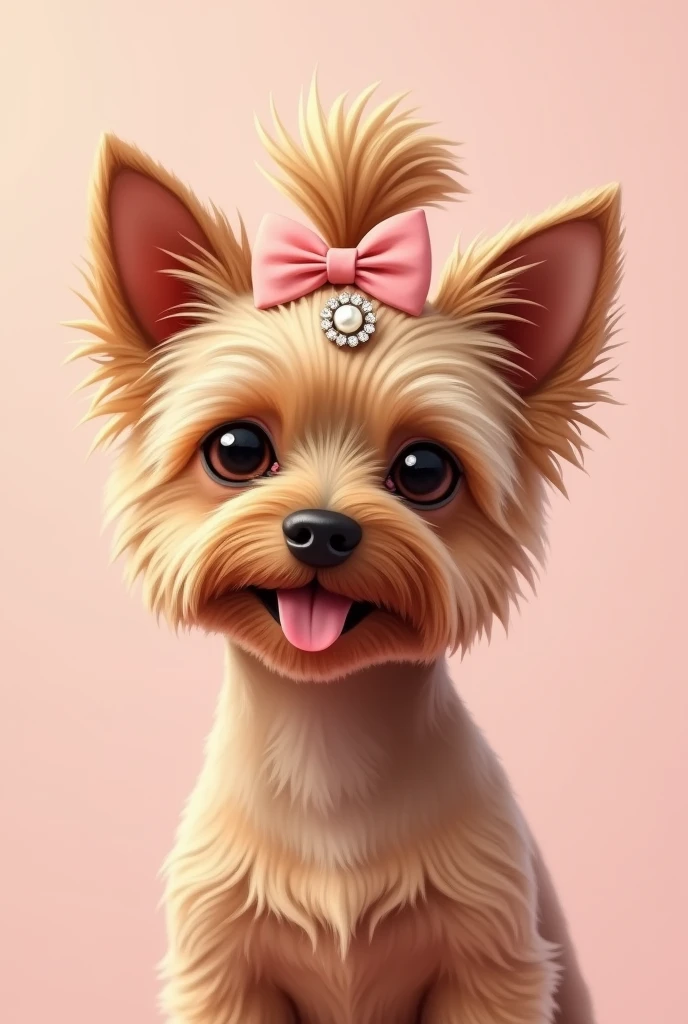 Brown and gold female Yorkshire with tongue out, with Asian cut and crossed bow on the topknot in baby pink and round brooch in the middle with pearls 
