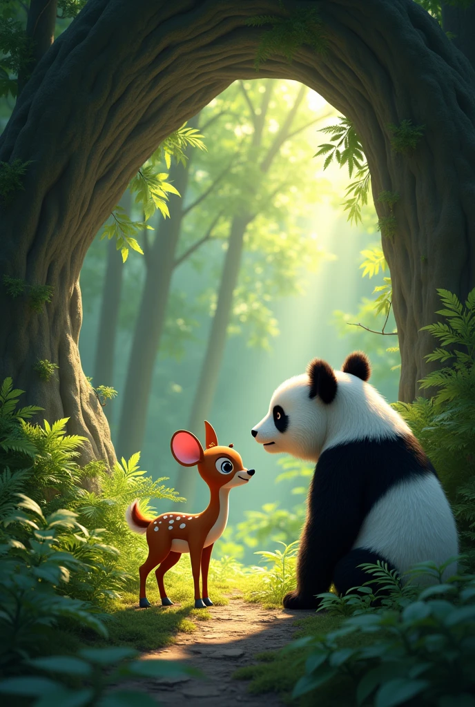 In a forest there is a cave and a mouse deer and a panda see it while observing the cave. 