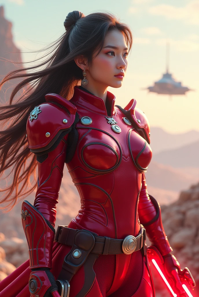 (masterpiece, best quality, beauty, best ratio, best shadows,best Illustration, wallpaper size,1080×2400 pixels, detailed face, pastel colors) star wars theme.
uhd, china female kungfu, korean beauty like tae yon, face fully visible, shining blue eyes, windblown hair, wear red futuristic full leather armory suit, hand holding futuristic gun emits red energy with a commanding presence, on top of the high tech battle field. morning sky, space rider seen on far away. use the RenderMan renderer.digital art. High definition, high contrast,high color saturation,128k,cinematic lighting, intricate,cinematic advertising photograph,cinema lens, super high res.