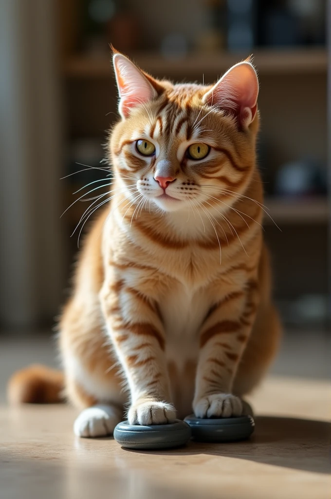 A cat exercising with weights