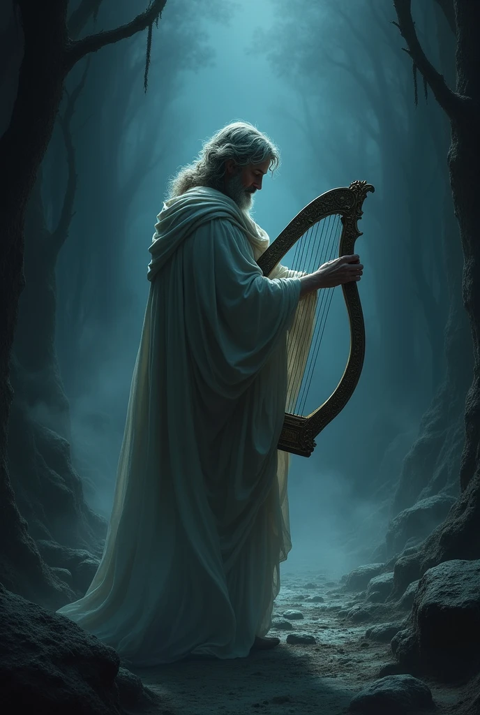 Orpheus walking through the underworld, holding a lyre, as he looks back and sees Eurydice fading into the darkness.