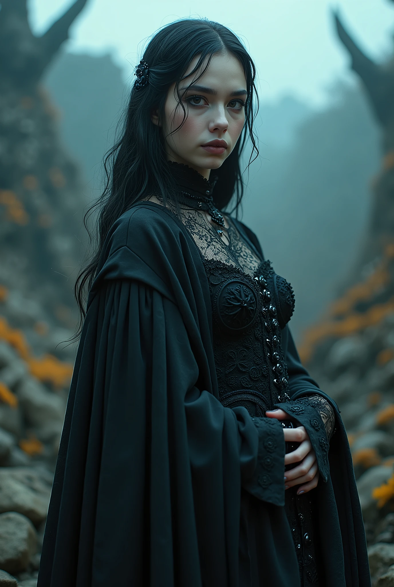(best qualityer,32 mil,High definition,4x ,ultra sharp, high resolution, proffesional) ,cinematographic, horor, Fisheye photography:1.6,1 beautiful gothic girl, witch, demonic, medieval clothes, black, circles, fractals,(black outline art), colors, land, Cyan, yellow, Unripe. magenta, violet, Cyan, High definition