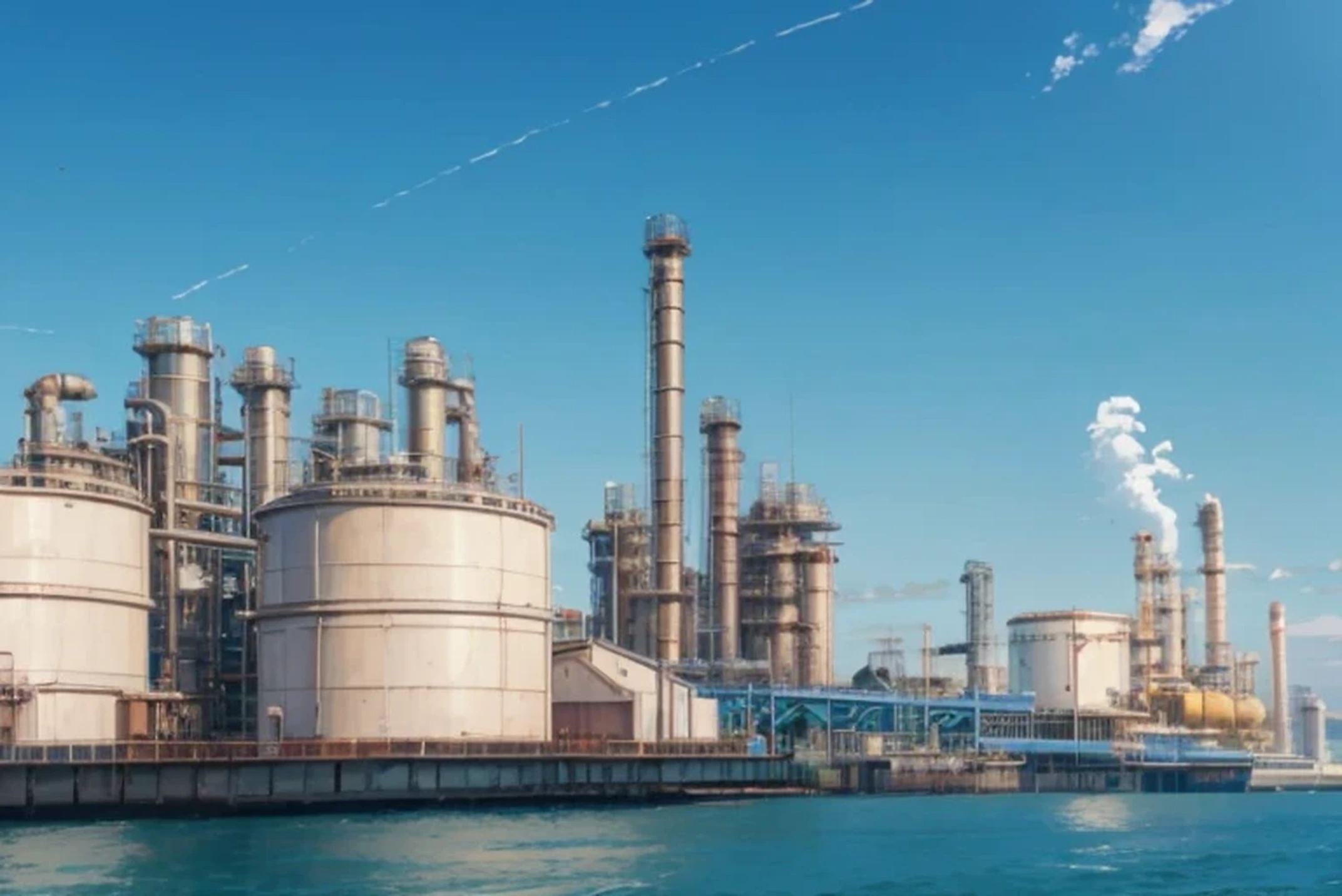 oil tank, angle from sea, A factory seen from the sea, Petroleum complex, low angle, 2D ANIME, DAYTIME, makoto shinkai, Bright noon hours
