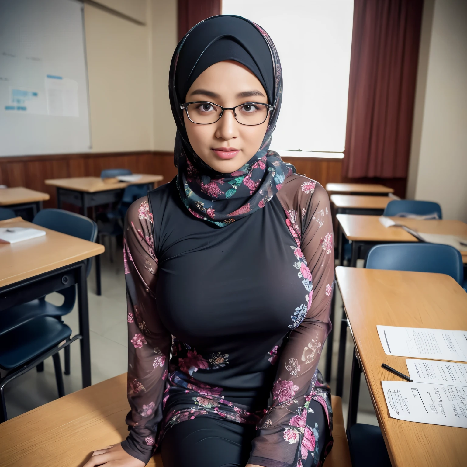 ((beautiful Nerd Indonesian college Lecturer woman)), 45 Years old, Middle age woman, name Nur Aini Damayanti, ((black eye)), wearing nerd eyewear, ((Hijab)), ((Tight modern baju kurung)), ((look rich Woman)),calm,confident,happy,beautifull body,looking at viewer, Sitting on desk in classroom, (photo, photorealistic:1.37), (ultrahigh-res), half body, Sexy pose, hyper detailed POV, by lee jeffries, nikon d850, film stock photograph ,4 kodak portra 400 ,camera f1.6 lens ,rich colors ,hyper realistic ,lifelike texture, dramatic lighting , cinestill 800, ((Natural Huge breast)), Getting Moleister, a lot of her student recording her Moleistering, blushed face through, Having squeezing Breast, ((Her Clothes being Torn Apart)), ((Showing her Delicious breast)), ((a lot of sperm liquid through at her beauty lewd face)), ((Her hand tied up on wall)), ((Open-Up Of Her mouth Filled Of Sperm Liquid))