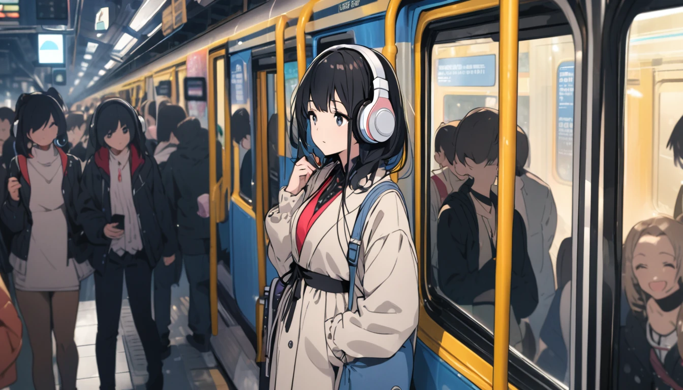 A woman with black hair and cute clothes standing on a crowded train,Streetscape、Listening to music with headphones、Japanese