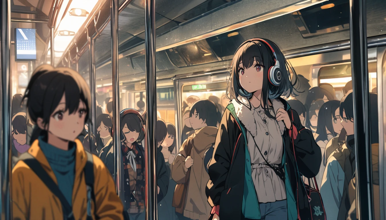 A woman with black hair and cute clothes standing on a crowded train,Streetscape、Listening to music with headphones、Japanese