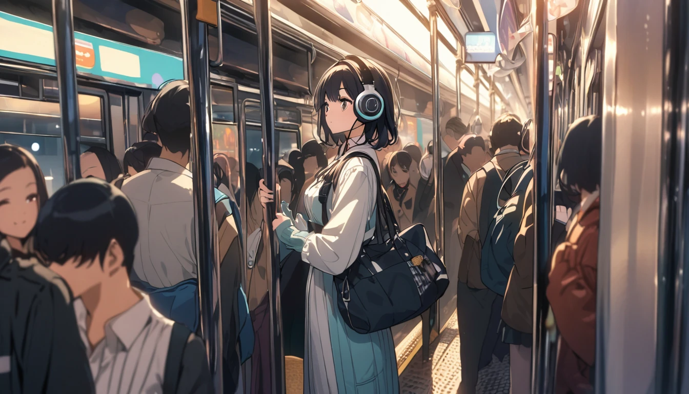 A woman with black hair and cute clothes standing on a crowded train,Streetscape、Listening to music with headphones、Japanese