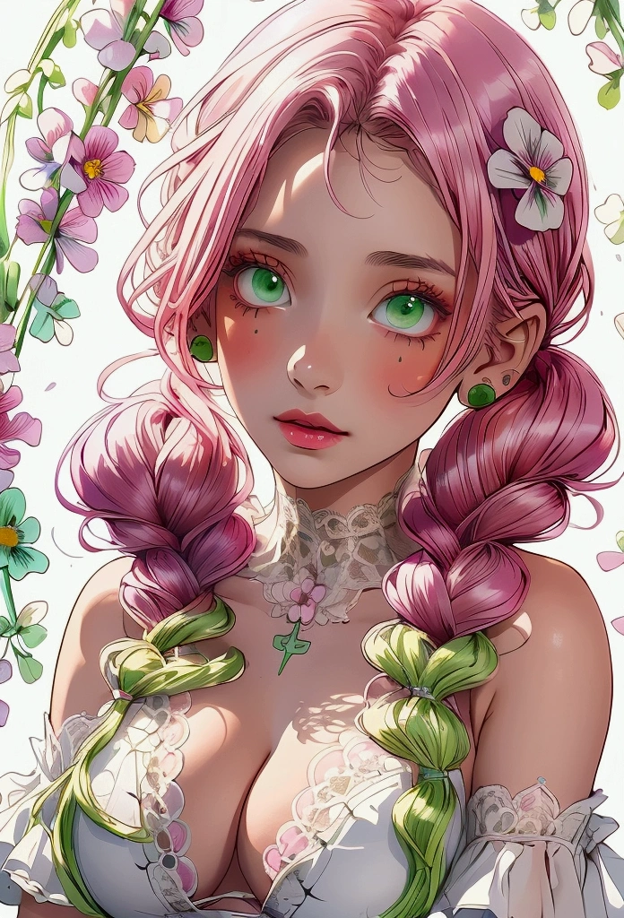 Convert your flower art into a hand-drawn illustration.、Create backgrounds with vibrant colors and unique touches The type of flower is statice、Gypsophila、sweet pea、Mix in some lace flowers, (arms down), portrait, face portrait, big breasts, cleavage, pink hair, green eyes, twin tails, green highlights,