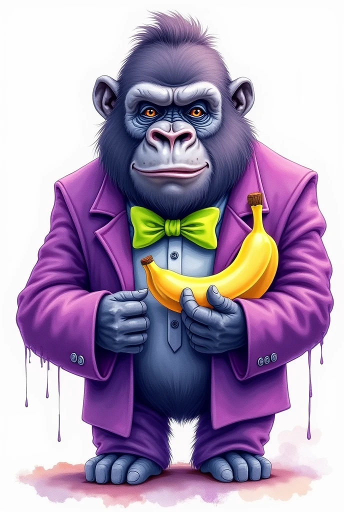 A watercolor painting of a gorilla in a bright purple suit with a neon green bow tie, holding a banana like a phone, on white, in the style of vibrant purple and lime green, charming character illustrations, neon green and purple, paint dripping technique, playful expression, gigantic scale, UHD image.