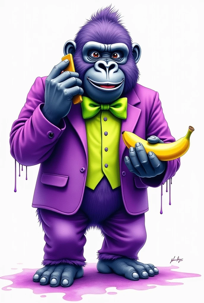 A watercolor painting of a gorilla in a bright purple suit with a neon green bow tie, holding a banana like a phone, on white, in the style of vibrant purple and lime green, charming character illustrations, neon green and purple, paint dripping technique, playful expression, gigantic scale, UHD image.