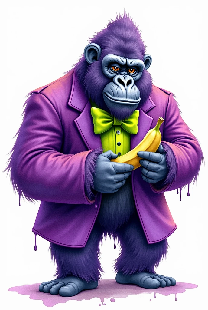 A watercolor painting of a gorilla in a bright purple suit with a neon green bow tie, holding a banana like a phone, on white, in the style of vibrant purple and lime green, charming character illustrations, neon green and purple, paint dripping technique, playful expression, gigantic scale, UHD image.