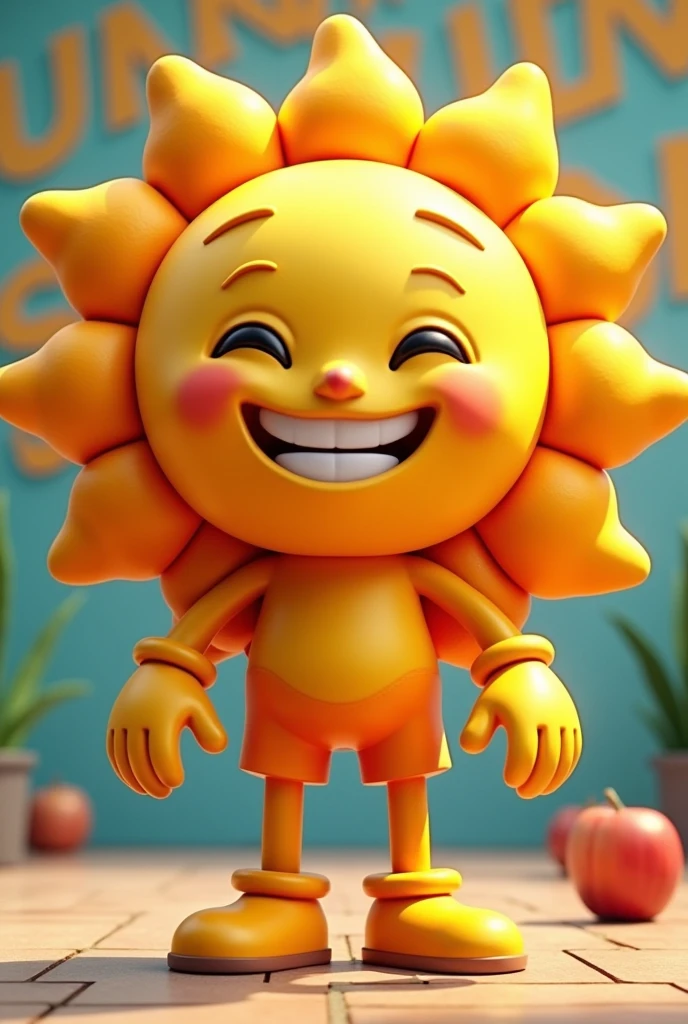 Make a full-body mascot for a student union featuring the face of a cute, smiling sun with the word “sun union” in the background