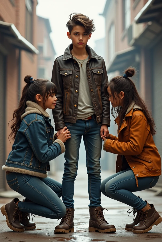 A teenager boy standing and wear leather jackets, tight-fitting jeans and shoes. The two teenager girl coated with wipes the jeans of the boy.