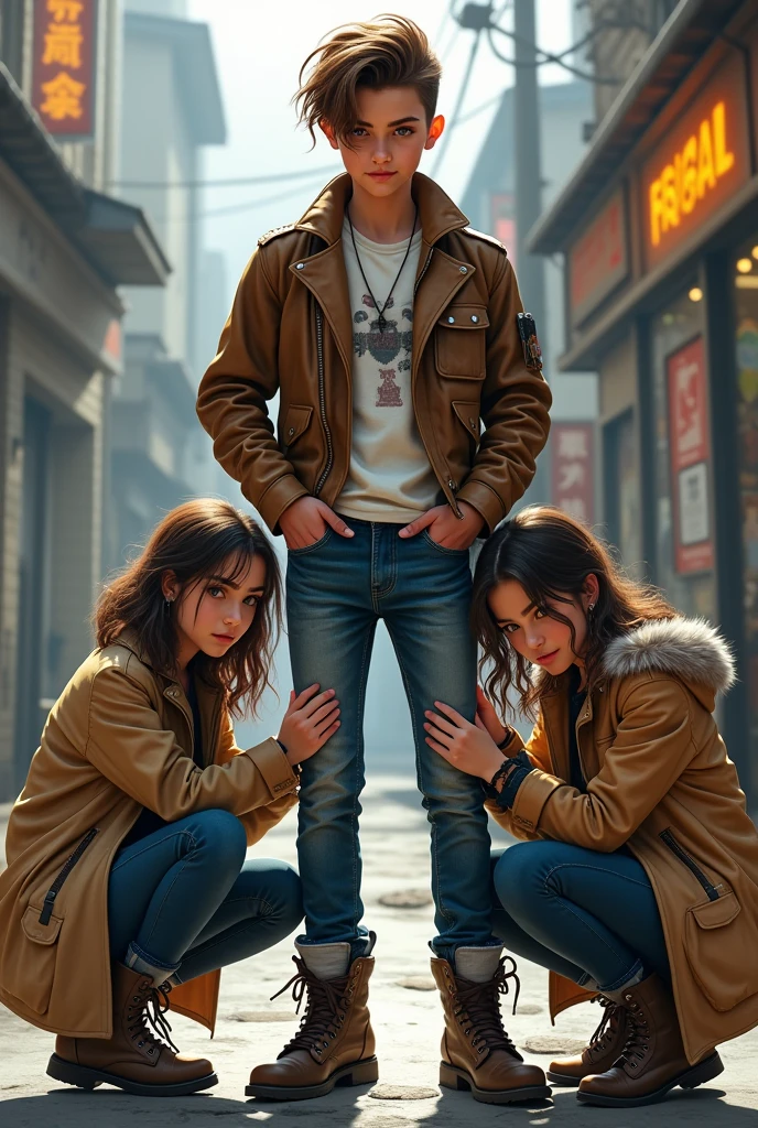 A teenager boy standing and wear leather jackets, tight-fitting jeans and shoes. The two teenager girl coated with wipes the jeans of the boy.