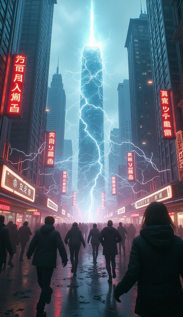 Create a dramatic scene of chaos erupting in the city as the artifact's power disrupts technology. Visualize electric storms, malfunctioning neon signs, and citizens in panic. The environment should be a high-tech cityscape with surreal distortions caused by the artifact. Render in ultra-realistic 4K to emphasize the chaos and energy surges