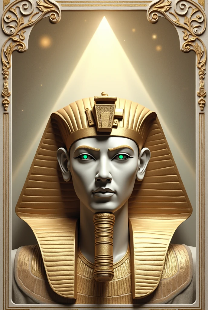 Make me a coat of arms with white and gold colors With the face of a brave Egyptian pharaoh with emerald eyes and in the background a transparent pyramid
