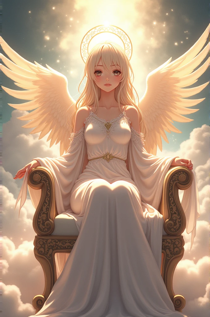 Beautiful anime angel sitting on the throne