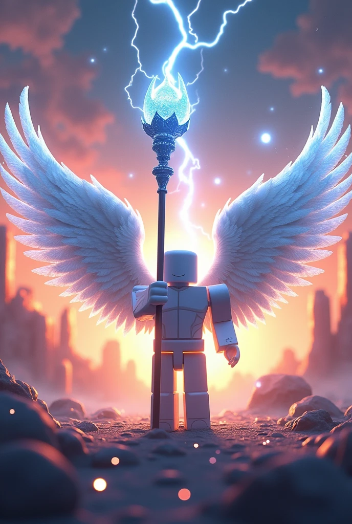 Roblox with archangel xmen wings with long staff that has electric lightning