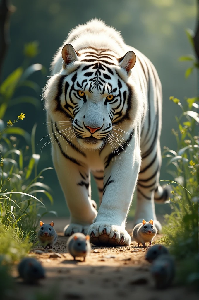 White tiger playing with rats