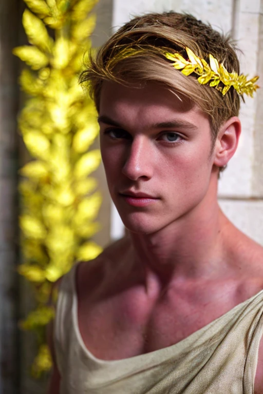 Portrait of a handsome young man, Roman emperor, blond hair, wearing Roman emperor clothes, handsome boy, magnanimous, power, ruler, symmetry, boy in the center, focus on the boy, classical era, ancient Rome, luxury, the most handsome boy, symmetry, male beauty, laurel wreath, golden laurel wreath, Caesar