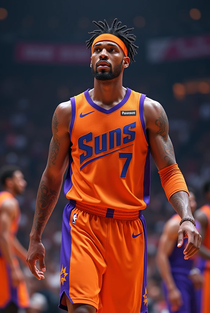 Basketball player, phoenix suns, wears a cuff on his right arm, Short cornrows on the head with a headband on the forehead, male, shipowner, face similar to Jayson Tatum, no tattoo , on the court, Number 77, little beard