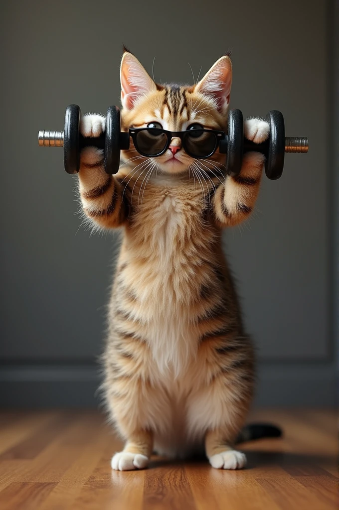 A cat exercising with weights and wearing sunglasses