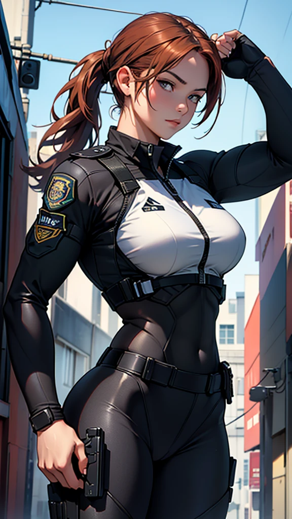Beautiful girl realistic masterpieces full figure pose (best quality,ultra-detailed), auburn hair, fair skin, fit body, slim figure, narrow waist, (cocky expression), full coverage tactical black SWAT uniform with police insignia