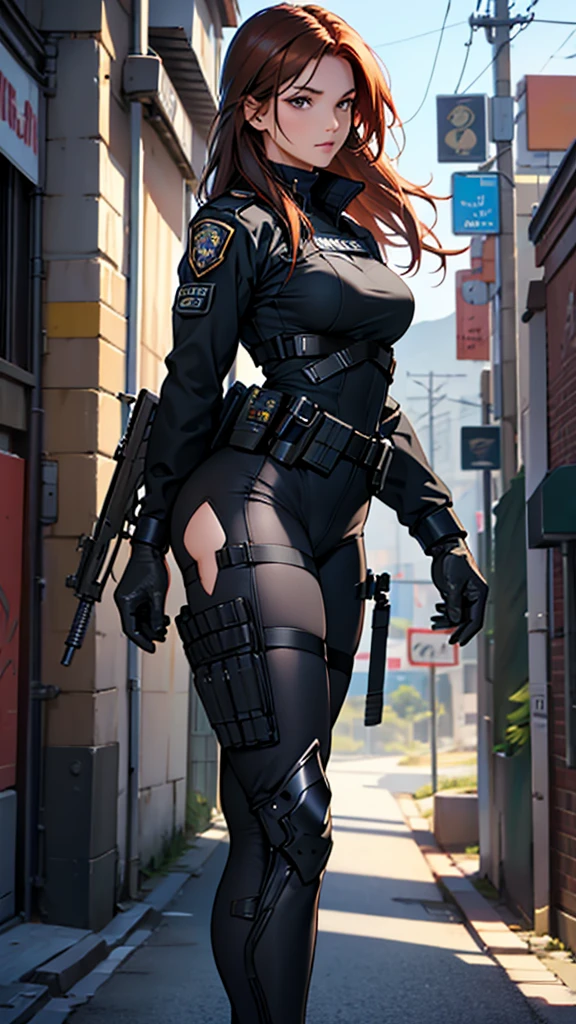 Beautiful girl realistic masterpieces full figure pose (best quality,ultra-detailed), auburn hair, fair skin, fit body, slim figure, narrow waist, (cocky expression), full coverage tactical black SWAT uniform with police insignia