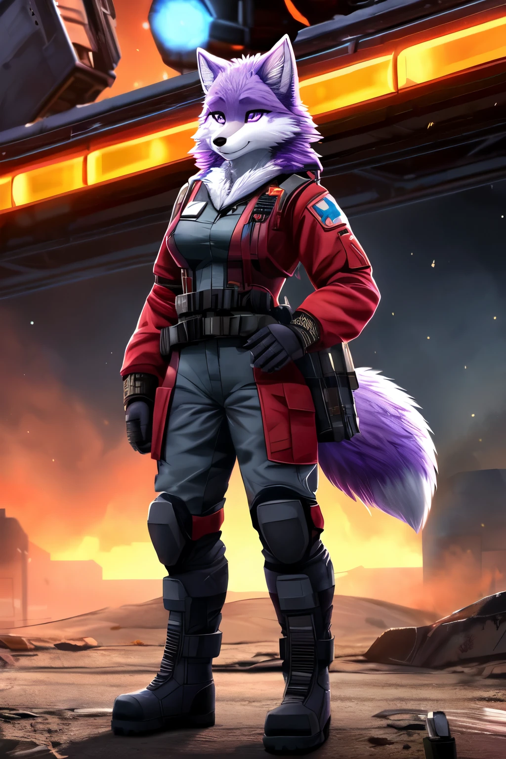 ((best quality)), ((masterpiece)), (detailed), 1 girl, combat medic millitary, half fox and half wolf, rexouium, purple and white fur, full body, anthro, combine outfit, half life 2, epic background, kemono, cute, awesome looking, red medic outfit, red outfit,