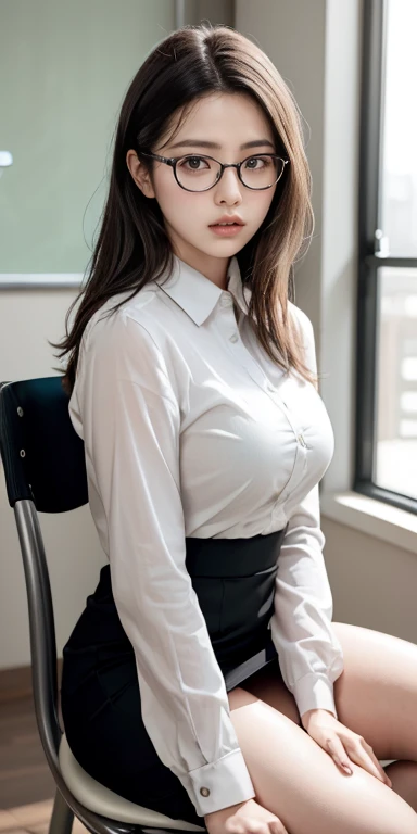 Tabletop、(masterpiece:1.3), (8k, Photorealistic: 1.4, RAW Photos, Best image quality: 1.4), Japanese Idols、Super detailed face、Attention to detail、Genuine、 double eyelid、Big and attractive eyes,Perfectly beautiful eyes、 Sharp focus:1.2、Beautiful woman:1.5、 Light brown hair、 Highest quality、masterpiece、Ultra-high resolution、Depth of written boundary、Perfect Shadow、(Photorealistic:1.4)、 Highly detailed and professional lighting、 Perfectly shaped、Symmetrical face、beautiful girl、Feeling embarrassed、blush、Glowing Skin、Sweaty clothes、Sharp focus, Perfect Anatomy,Realistic Light、business suit、skirt、classroom、Large black-rimmed glasses、realistic glasses、sitting in a chair in front of the window、Sitting on a chair with legs spread、I can see your pants、Erotic look、Browsing Caution、