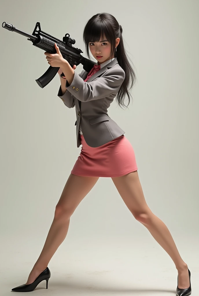 real person realistic beautiful japanese flight stewardess pink mini skirt standing stance legs open wide spreading full portrait holding rifle gun pointing at you front facing aiming at you shooting range sexy legs