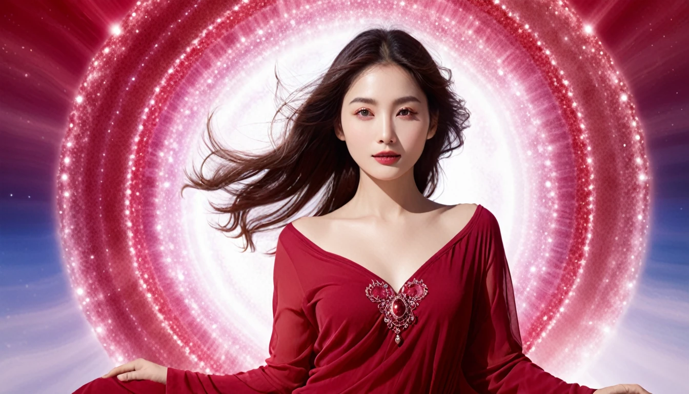 Highest quality,One person, Ruby color,A beautiful woman with a beloved aura,Earth Energy
