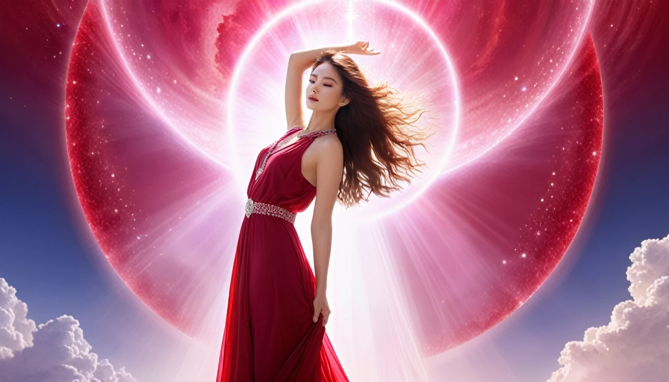 Highest quality,One person, Ruby color,A beautiful woman with a beloved aura,Earth Energy