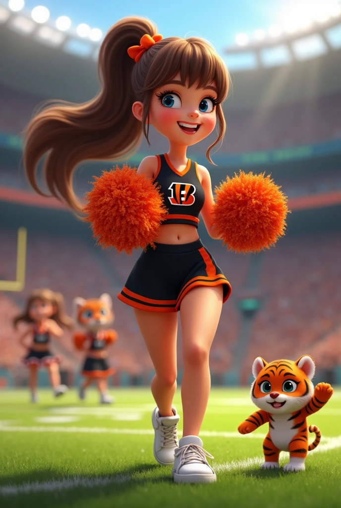 Bengals cheerleader child
small breasts
Slightly heavy body
Brown hair, long in ponytail, bangs,
blue eyes
football field
Black & orange one piece outfit no stomach with Bengals logo black shoes no socks
hair bow
With tiger
Glittery pompoms
Smiling with teeth
