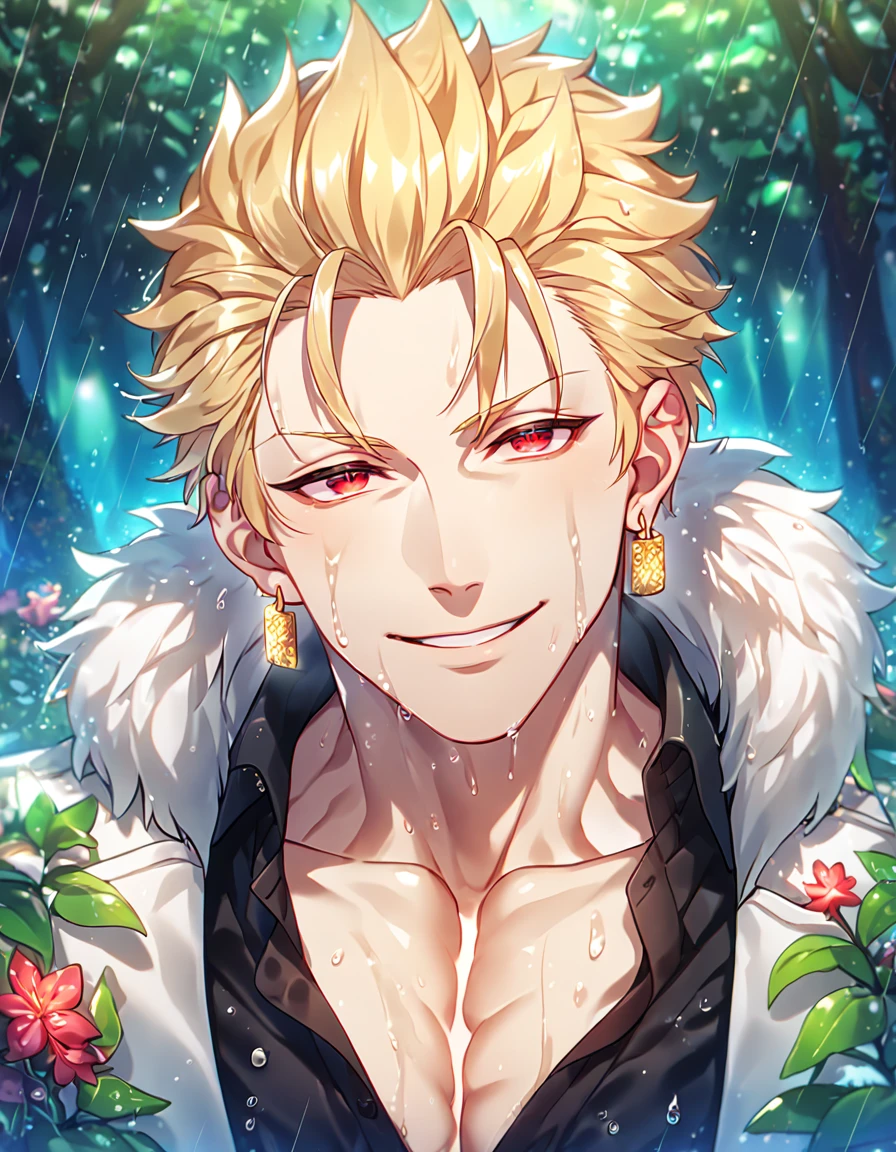 absurdres, highres, ultra detailed, HDR, master piece, best quality, extremely detailed, detailed eyes, detailed face, Gilgamesh, blonde hair, hair slicked up, ruffled hair, golden earrings, expressive red eyes, Fate Stay Night, solo, sexy man, handsome, horny, lewd, manly man, adult face, sensual, smile, wet, white coat with fur, black shirt, showing the chest, spring, flowers, green leaves, magical forest, dark fantasy, rain, night