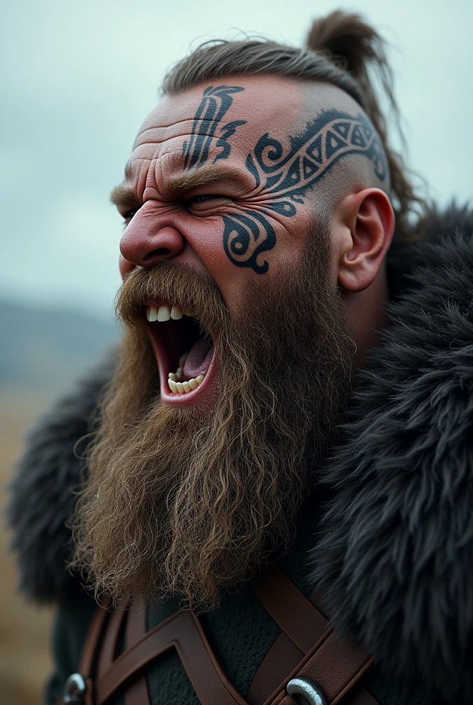 a realistic viking screaming with his teeth bared, with a Nordic tattoo around his eye