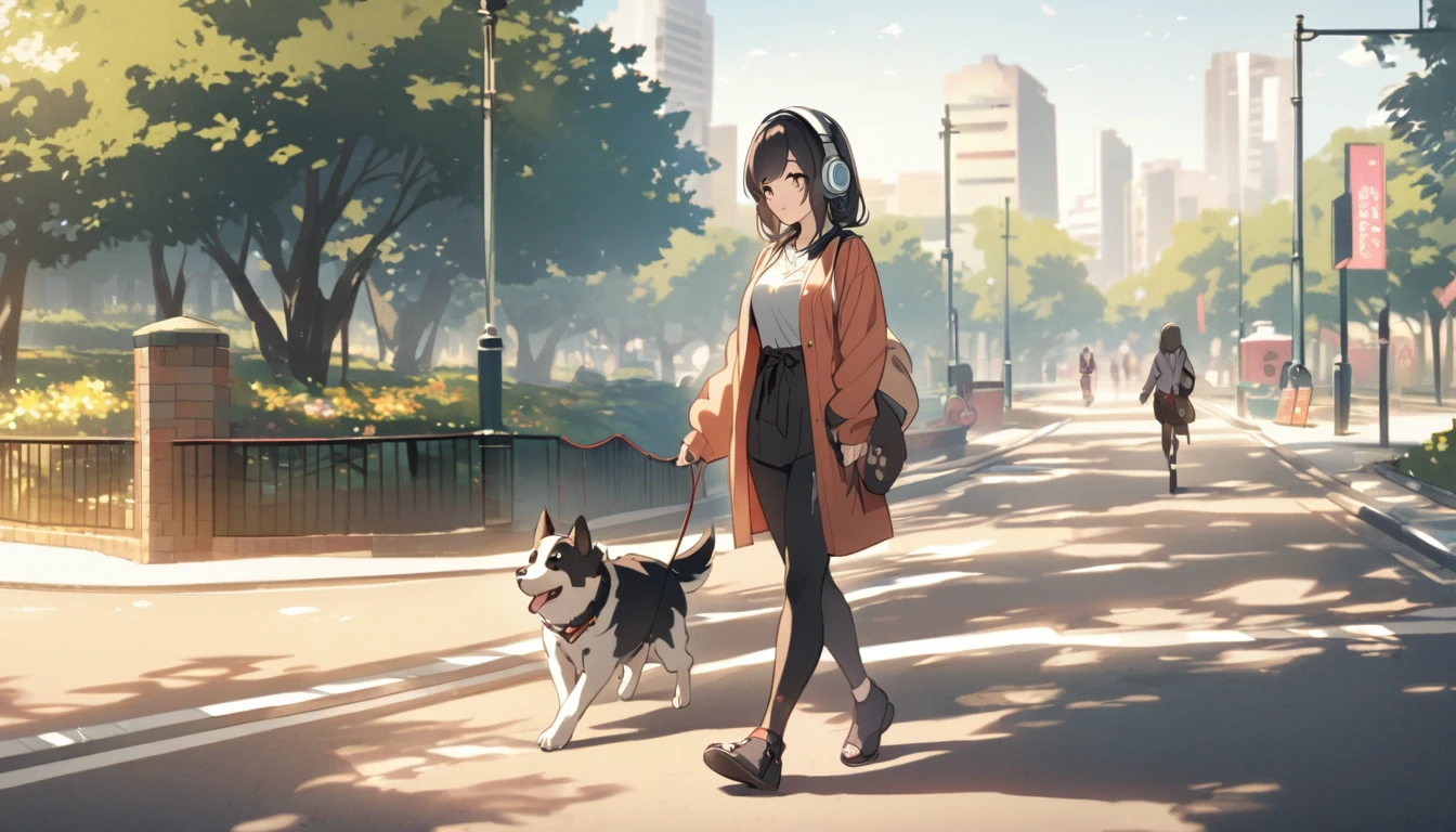 A woman with black hair and cute clothes walking her dog in the park,Streetscape、Listening to music with headphones、Japanese