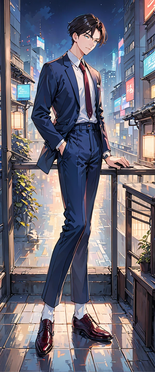 "A stylish and enigmatic young man in a modern, well-fitted suit. The suit is deep navy or black, with sleek lines and a minimalist design. He has a calm but intense expression, with a wine-colored pocket square or tie adding a pop of color. His overall look is sharp and youthful, exuding confidence and mystery. He wears polished leather shoes and subtle accessories like a simple watch and a silver ring. The 2D art style is clean and detailed. The background is a dark, abstract cityscape at night, with tall buildings silhouetted against a deep indigo sky, faint neon lights glowing in the distance, adding to the mysterious, urban atmosphere."