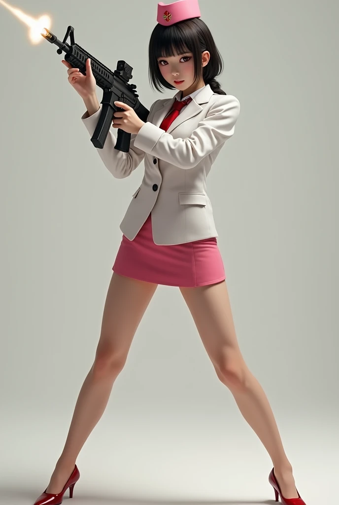 real person realistic beautiful japanese flight stewardess pink mini skirt standing stance legs open wide spreading full portrait holding rifle gun pointing at you front facing aiming at you shooting range sexy legs