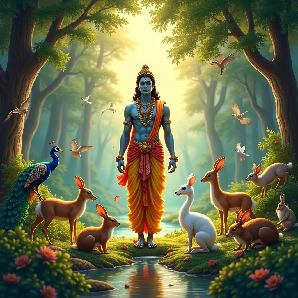 Krishna standing in jungle around cows and birds