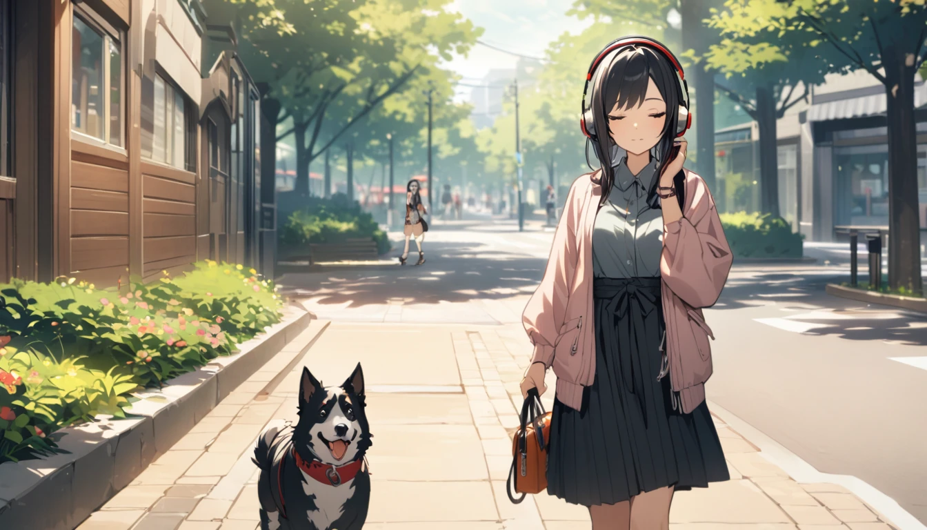 A woman with black hair and cute clothes walking her dog in the park,Streetscape、Listening to music with headphones、Japanese