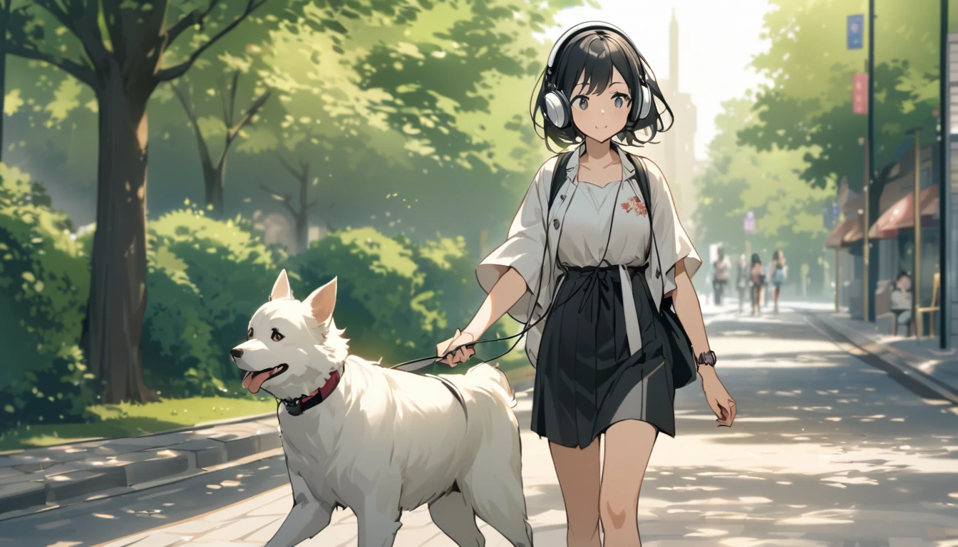 A woman with black hair and cute clothes walking her dog in the park,Streetscape、Listening to music with headphones、Japanese