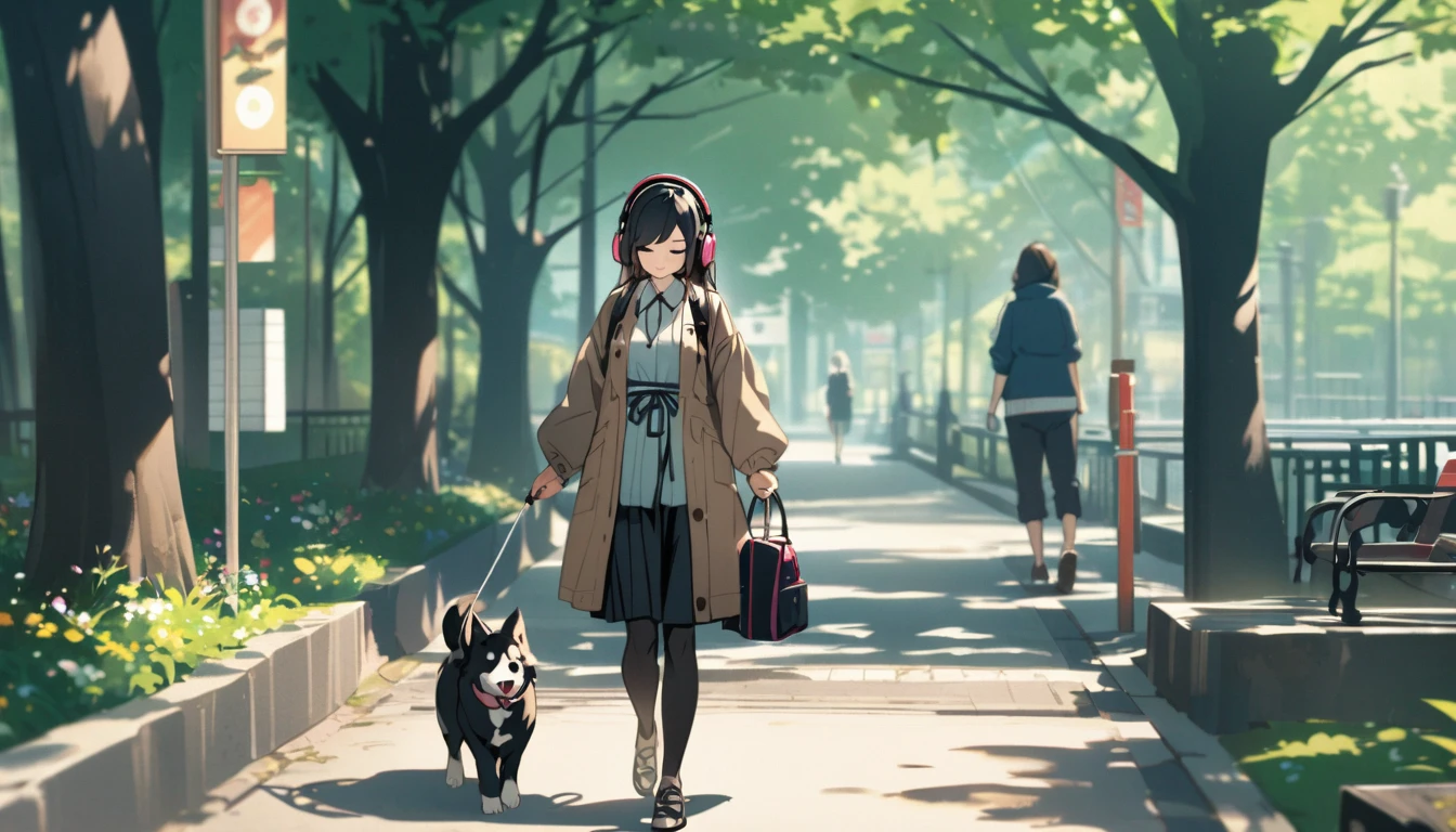 A woman with black hair and cute clothes walking her dog in the park,Streetscape、Listening to music with headphones、Japanese