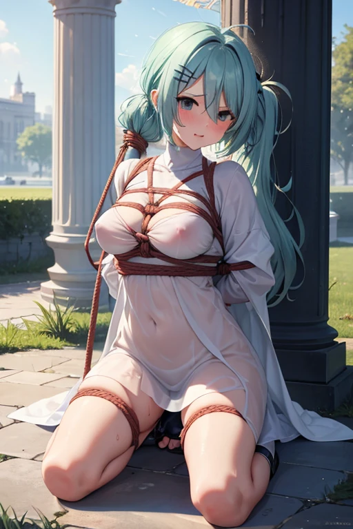(masterpiece), best quality, expressive eyes, perfect face,nsfw:1.2,full body,embarrassed:1.2,breathless:1.4,Steam around the mouth:1.1,full-face blush:1.3,angry:1.1,Grit your teeth,see-through dress:1.3,wariza:1.3,wet:1.5,outdoor,statue:1.4,(((shibari over clothes,rope,bound,restrained,against pillar)))