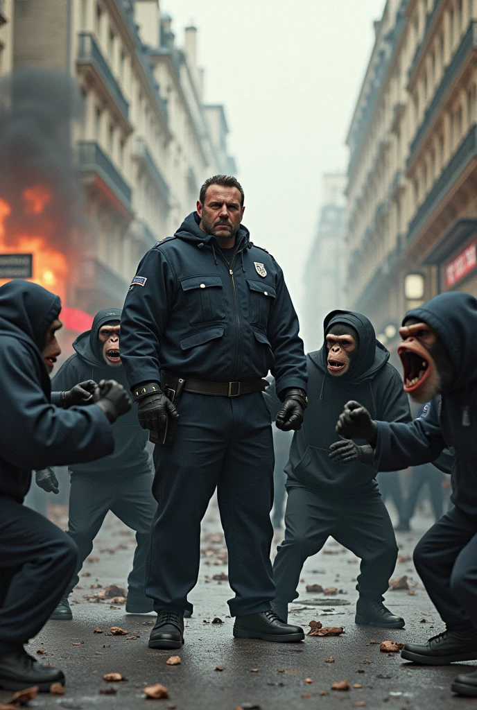 Police cop pig versus angry monkeys wearing sweatshirt, baggy, sneakers and baseball cap during violent riots in paris