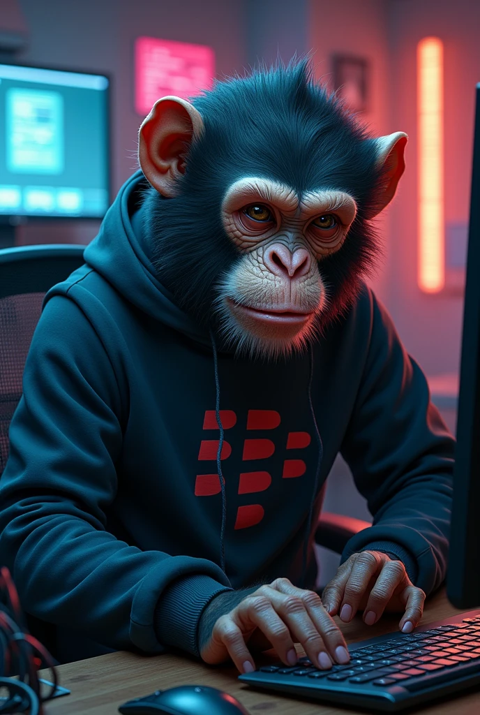 Make a monkey with a sweatshirt that says blackberry and that is hacking and a hacker background